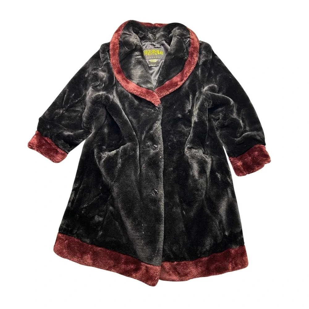 Fun Fur Kids‎ Canada Faux Fur Coat Black Burgundy Shawl Collar Size 10